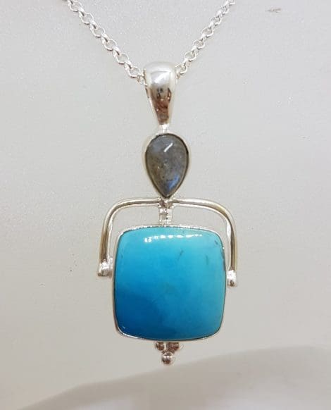 Sterling Silver Square Natural Turquoise with Cabochon Labradorite Pendant on Silver Chain