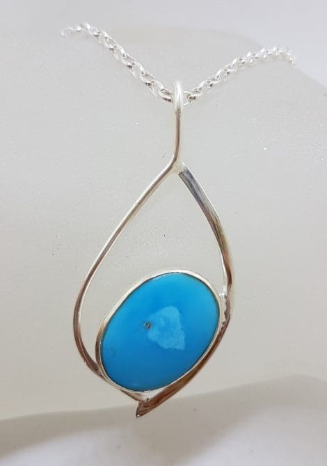 Sterling Silver Large Natural Turquoise Open Pendant on Silver Chain