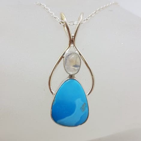 Sterling Silver Teardrop / Pear Shape Natural Turquoise with Cabochon Moonstone Pendant on Silver Chain