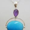 Sterling Silver Oval Natural Turquoise with Cabochon Amethyst Pendant on Silver Chain