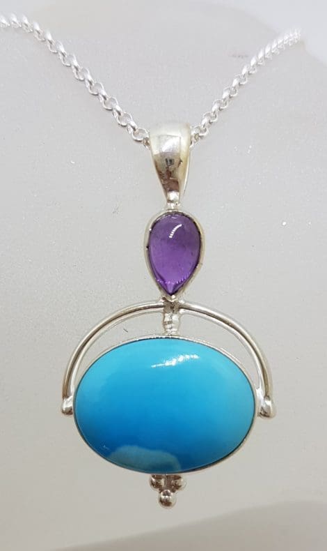 Sterling Silver Oval Natural Turquoise with Cabochon Amethyst Pendant on Silver Chain