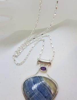 Sterling Silver Large Teardrop / Pear Shape Blue with Amethyst Pendant on Silver Chain