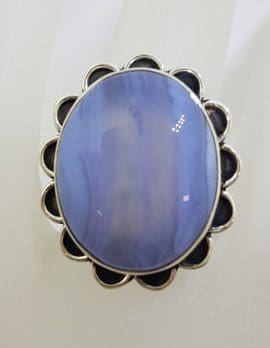 Sterling Silver Large Oval Blue Lace Agate with Ornate Rim Ring - Cabochon