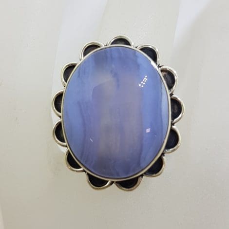 Sterling Silver Large Oval Blue Lace Agate with Ornate Rim Ring - Cabochon