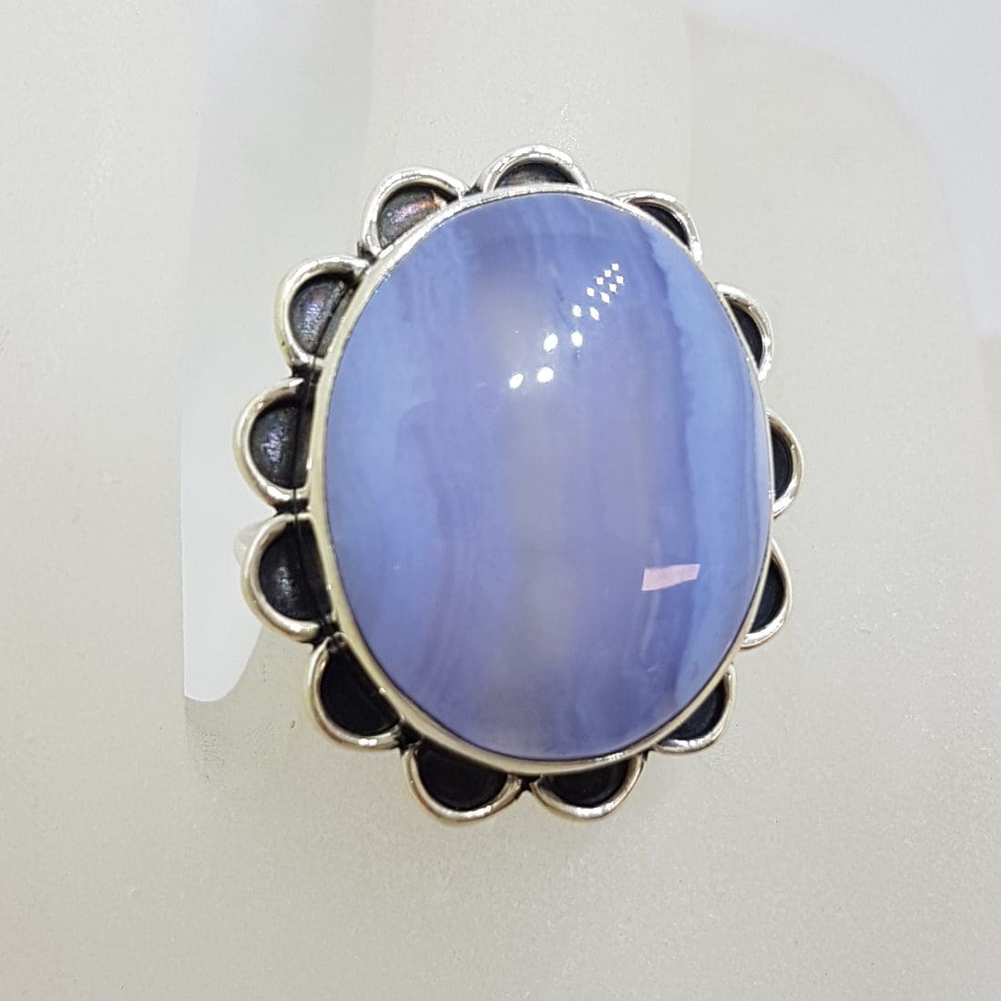 Sterling Silver Large Oval Blue Lace Agate with Ornate Rim Ring - Cabochon