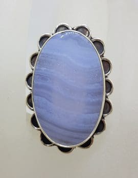 Sterling Silver Large Oval Blue Lace Agate with Ornate Rim Ring - Faceted
