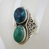 Sterling Silver Long Ornate Design Natural Turquoise Ring