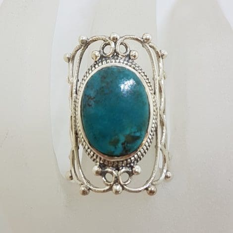 Sterling Silver Long Ornate Filigree Design Natural Turquoise Ring