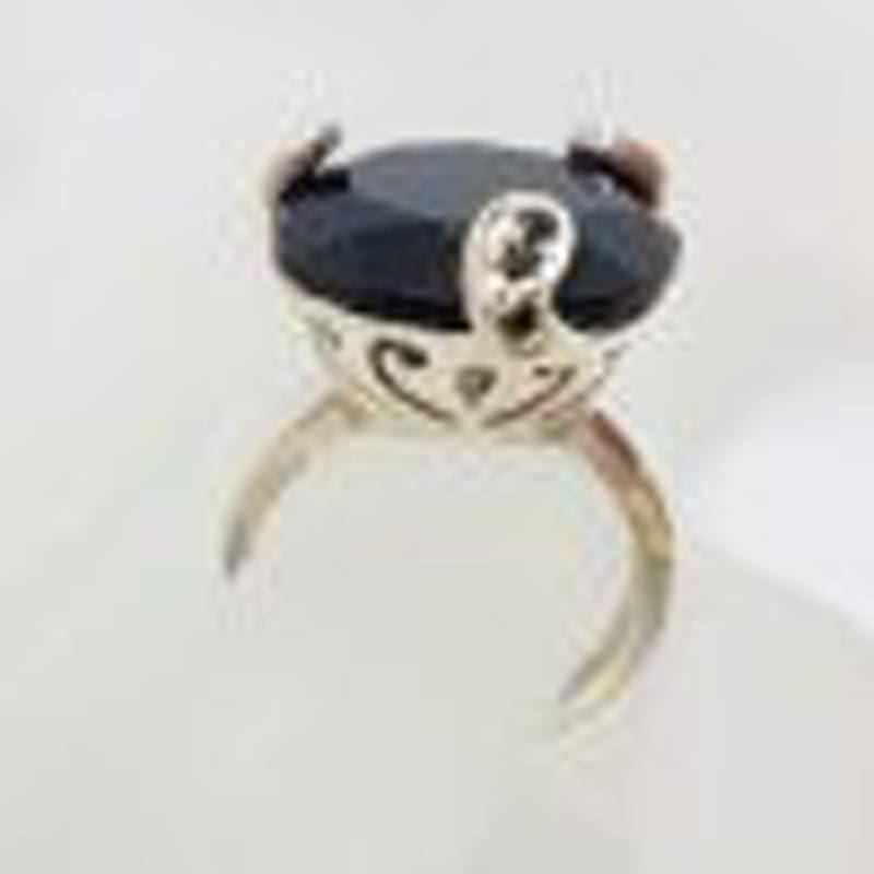 Sterling Silver Large Round Black Onyx Ornate Claw Set Ring