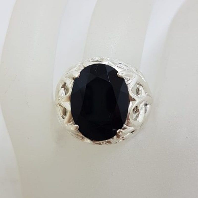 Sterling Silver Large Oval Black Onyx Filigree Design Ring