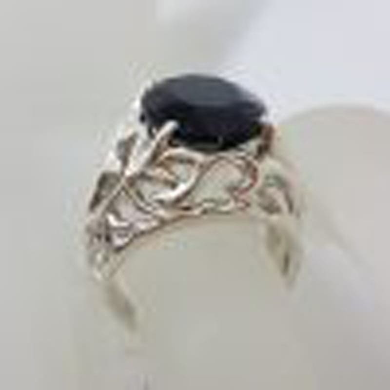 Sterling Silver Large Oval Black Onyx Filigree Design Ring