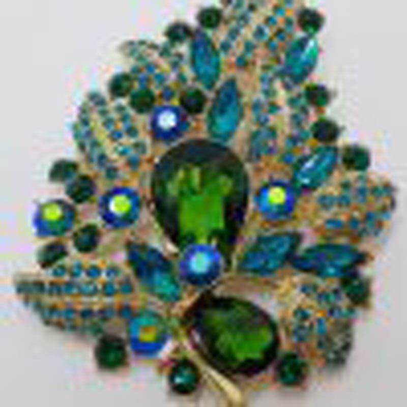 Gold Plated Very Large Blue and Green Leaf Cluster Brooch - Vintage Costume Jewellery