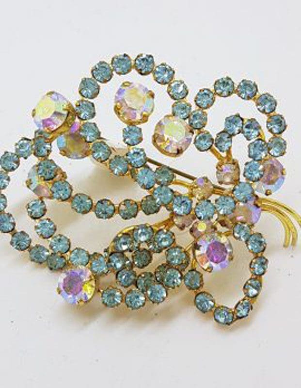 Plated Large Swirl Blue and Aurora Borealis Ornate Drop Brooch – Vintage Costume Jewellery