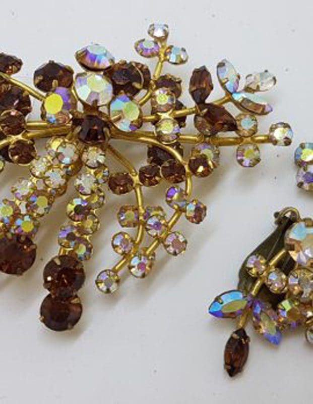 Plated Large Floral Brown and Aurora Borealis Rhinestone Brooch and Earring Set – Vintage Costume Jewellery