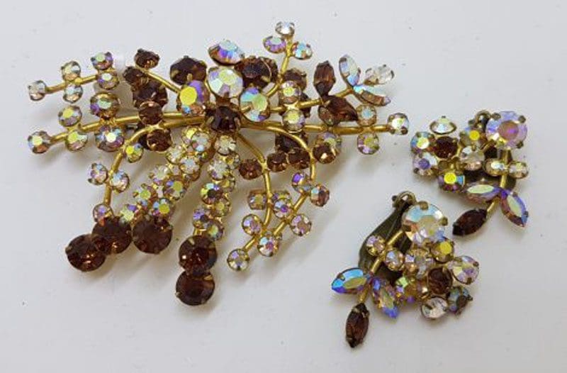 Plated Large Floral Brown and Aurora Borealis Rhinestone Brooch and Earring Set – Vintage Costume Jewellery