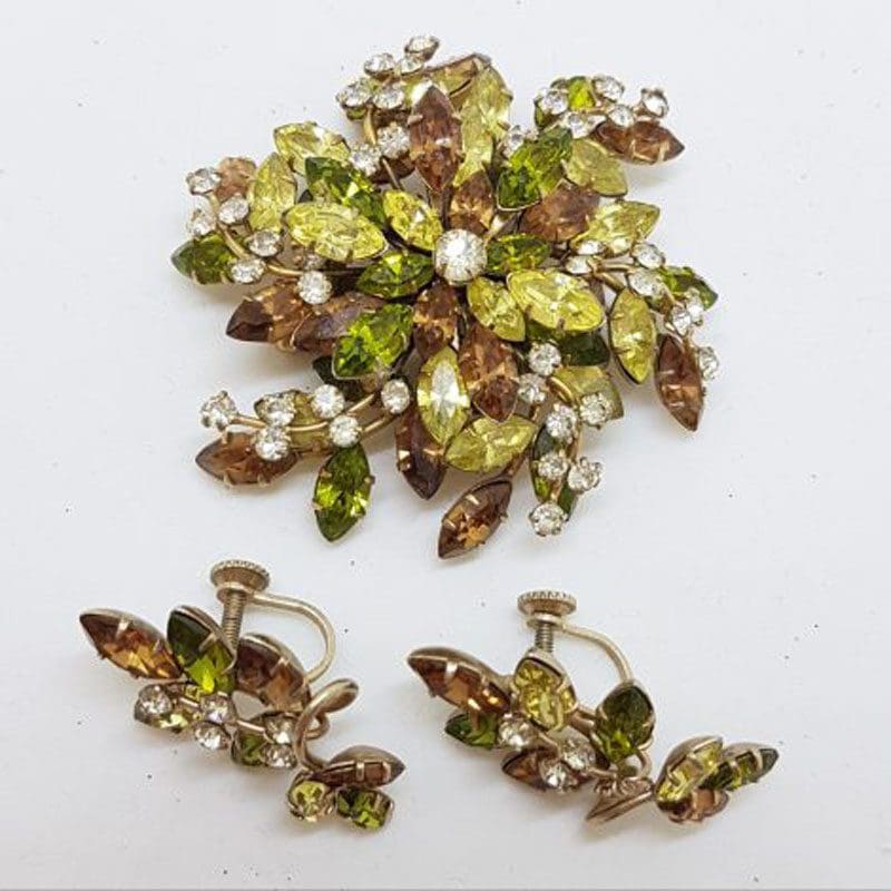 Plated Jewelcrest Clear, Green & Brown Rhinestone Cluster Brooch and Screw-On Earrings Set – Vintage Costume Jewellery
