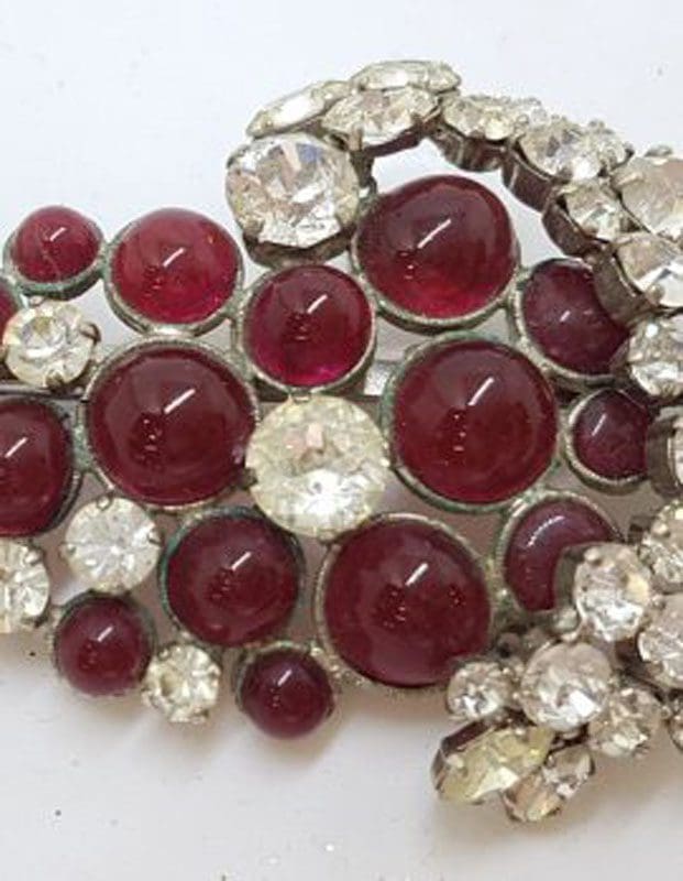 Plated Very Large Unusual Red with Clear Rhinestone Brooch – Vintage Costume Jewellery