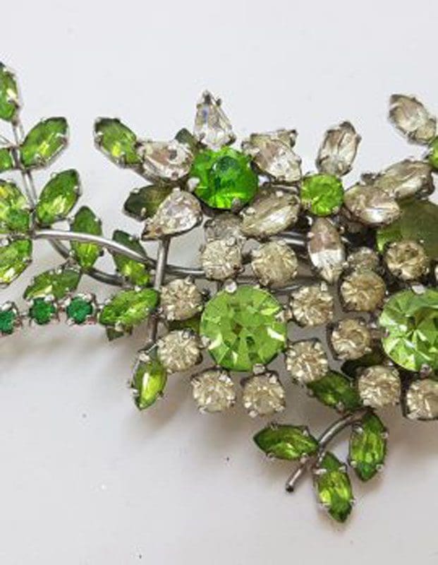 Plated Large Floral Green & Clear Rhinestone Spray Brooch – Vintage Costume Jewellery