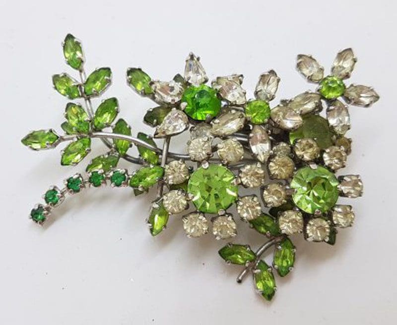 Plated Large Floral Green & Clear Rhinestone Spray Brooch – Vintage Costume Jewellery