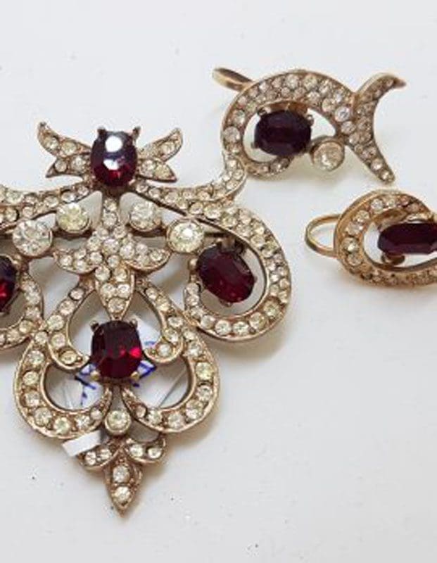 Plated Large Unusual Ornate Red & Clear Rhinestone Brooch and Screw-On Earrings Set – Vintage Costume Jewellery