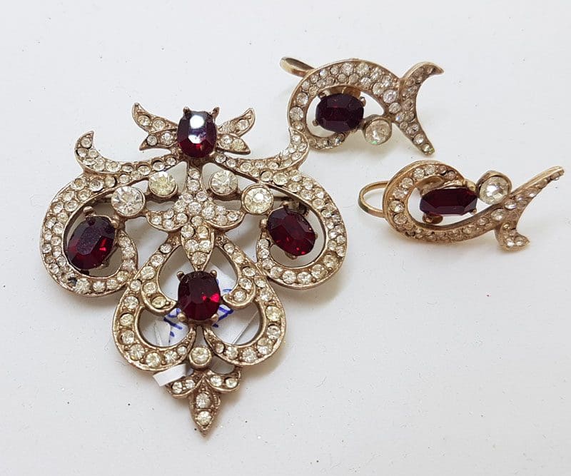 20210112_140558 Plated Large Unusual Ornate Red & Clear Rhinestone Brooch and Screw-On Earrings Set – Vintage Costume Jewellery