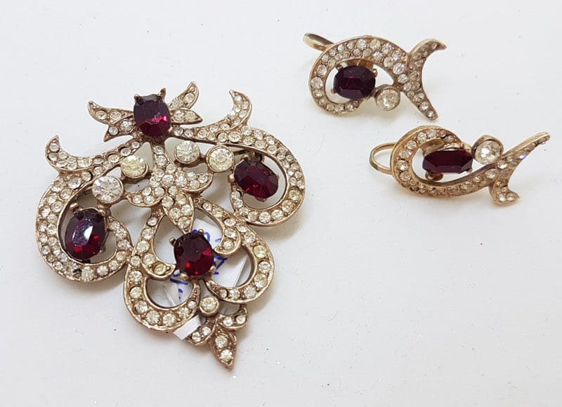 Plated Large Unusual Ornate Red & Clear Rhinestone Brooch and Screw-On Earrings Set – Vintage Costume Jewellery