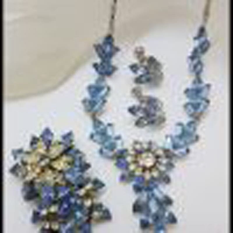 Plated Large Floral Blue and Clear Rhinestone Necklace, Brooch and Screw - On Earring Set – Vintage Costume Jewellery