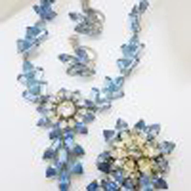 Plated Large Floral Blue and Clear Rhinestone Necklace, Brooch and Screw - On Earring Set – Vintage Costume Jewellery