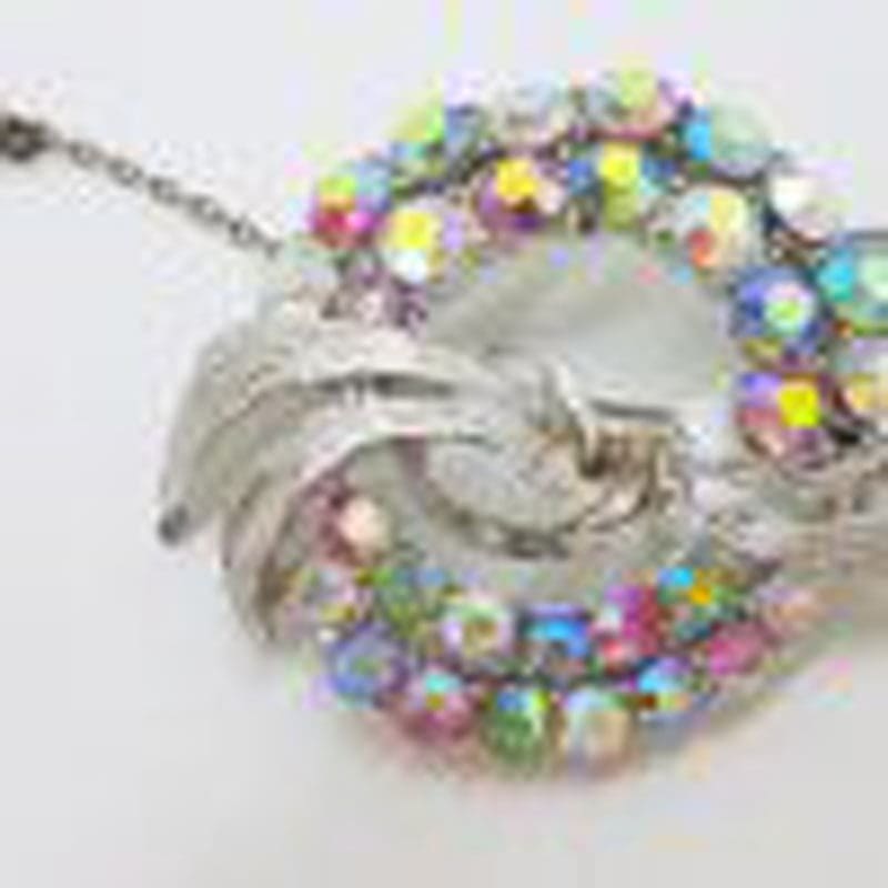 Silver Plated Large Round Aurora Borealis Rhinestone Cluster Brooch with Bow - Vintage Costume Jewellery
