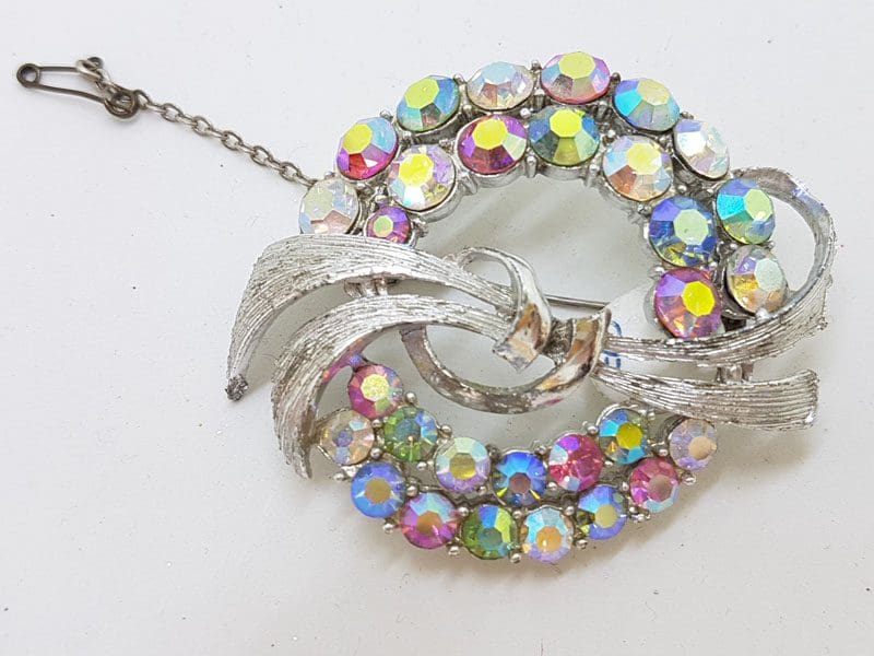20210112_140919 Silver Plated Large Round Aurora Borealis Rhinestone Cluster Brooch with Bow - Vintage Costume Jewellery