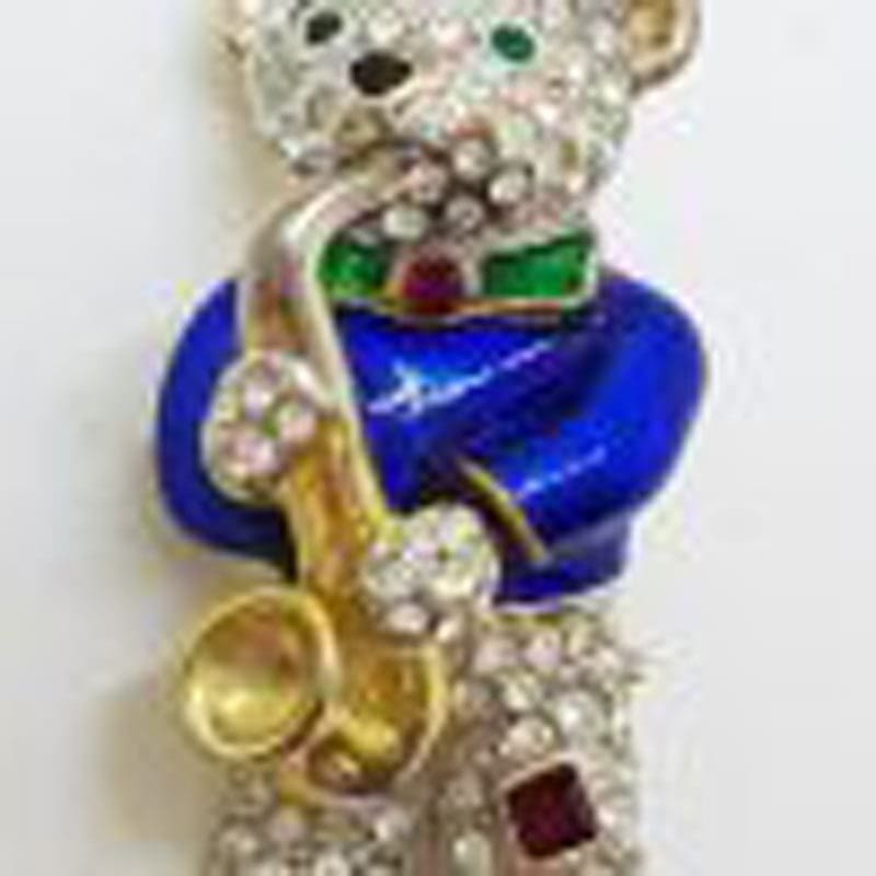 Plated Rhinestones Large Enamel Saxophone Playing Teddy Bear Brooch – Vintage Costume Jewellery