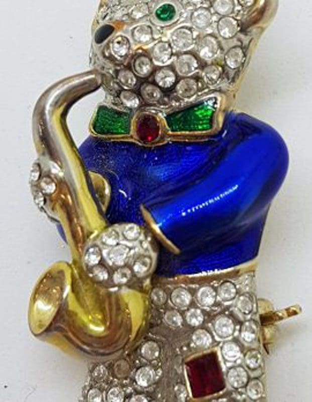 Plated Rhinestones Large Enamel Saxophone Playing Teddy Bear Brooch – Vintage Costume Jewellery