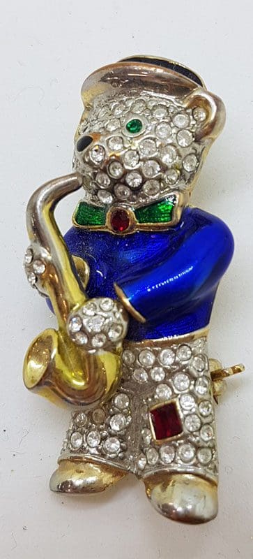 20210112_141030 Plated Rhinestones Large Enamel Saxophone Playing Teddy Bear Brooch – Vintage Costume Jewellery