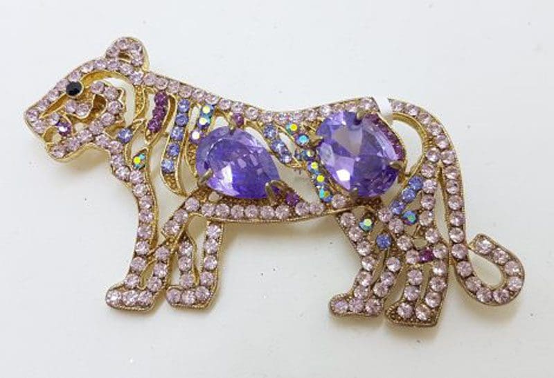 Plated Rhinestones Large Pink and Purple Tiger / Cat Brooch – Costume Jewellery