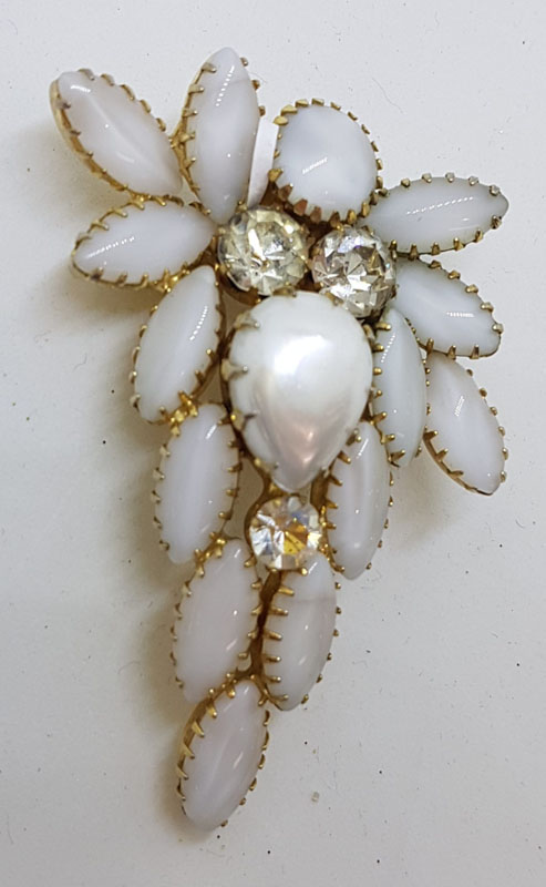 20210112_141930 Large Plated Rhinestones & White Leaves Cluster Brooch – Vintage Costume Jewellery