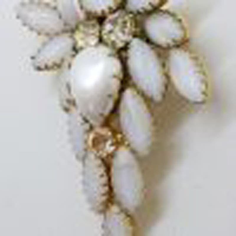 Large Plated Rhinestones & White Leaves Cluster Brooch – Vintage Costume Jewellery