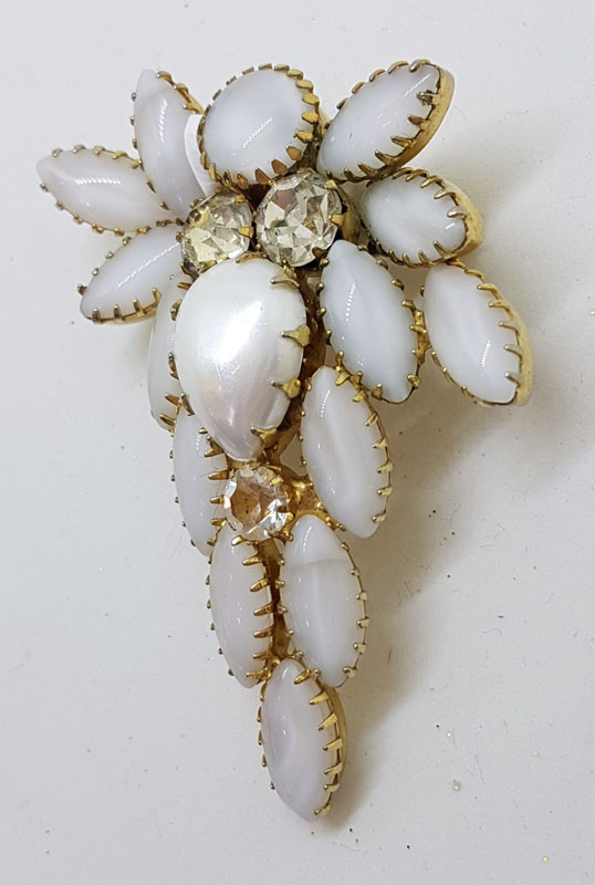 20210112_141946 Large Plated Rhinestones & White Leaves Cluster Brooch – Vintage Costume Jewellery