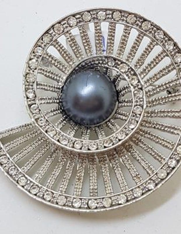 Large Plated with Rhinestones & Grey / Black Swirl Brooch – Vintage Costume Jewellery