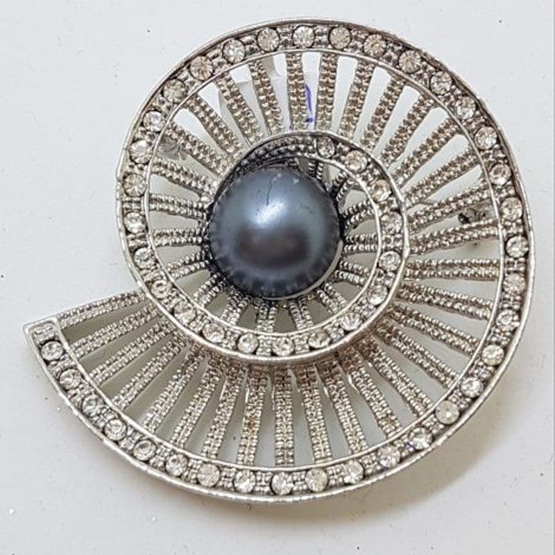 Large Plated with Rhinestones & Grey / Black Swirl Brooch – Vintage Costume Jewellery