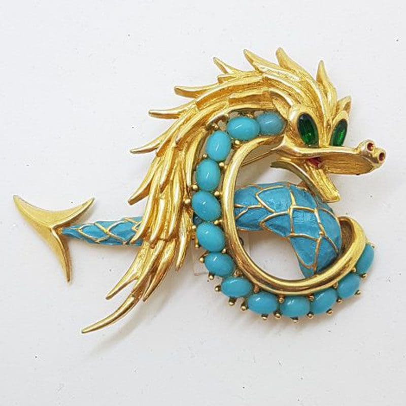 Vintage Costume Jewellery Large Plated Blue Dragon Brooch - Boucher France