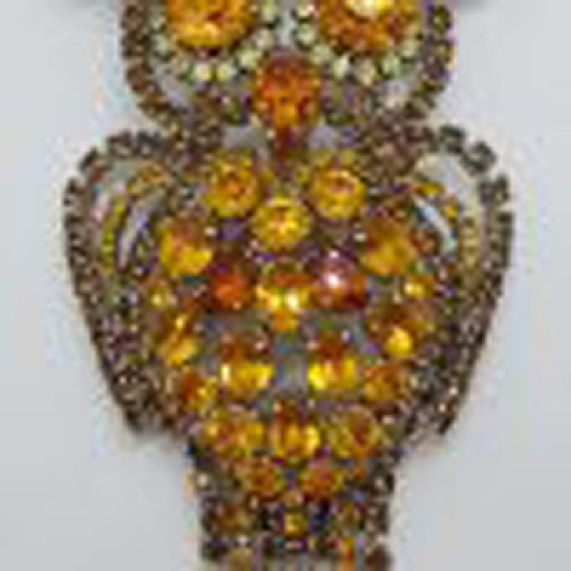 Very Large Plated with Brown and Yellow Rhinestones Owl Brooch – Vintage Costume Jewellery