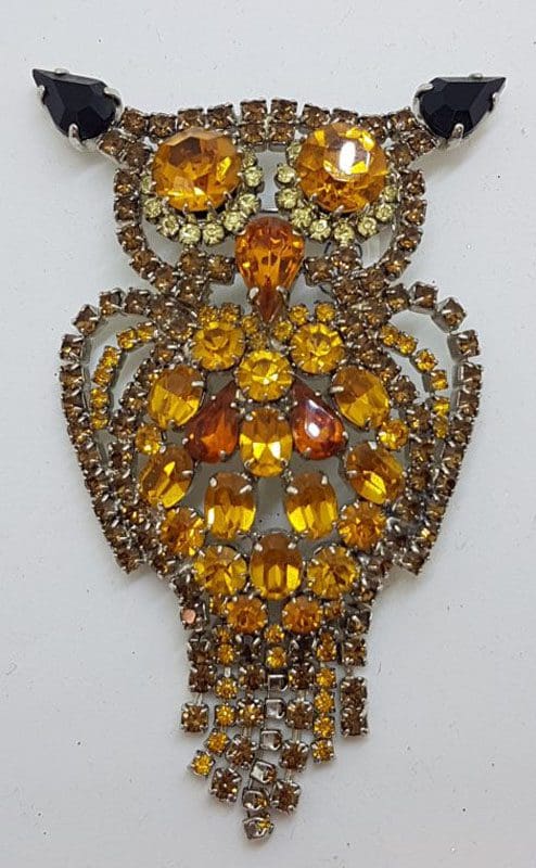 Very Large Plated with Brown and Yellow Rhinestones Owl Brooch – Vintage Costume Jewellery
