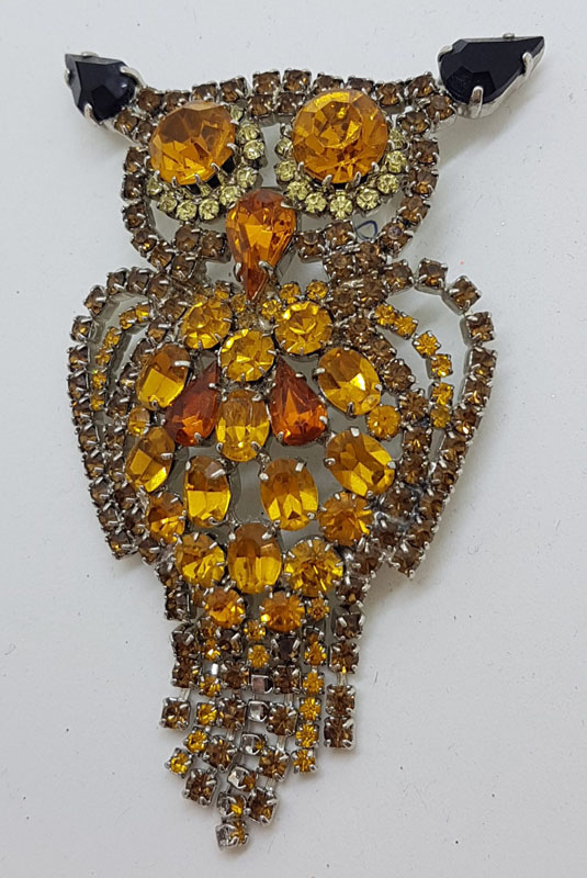 20210112_142248 Very Large Plated with Brown and Yellow Rhinestones Owl Brooch – Vintage Costume Jewellery
