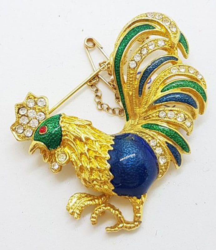 Large Plated Multi-Colour Rooster Brooch – Vintage Costume Jewellery