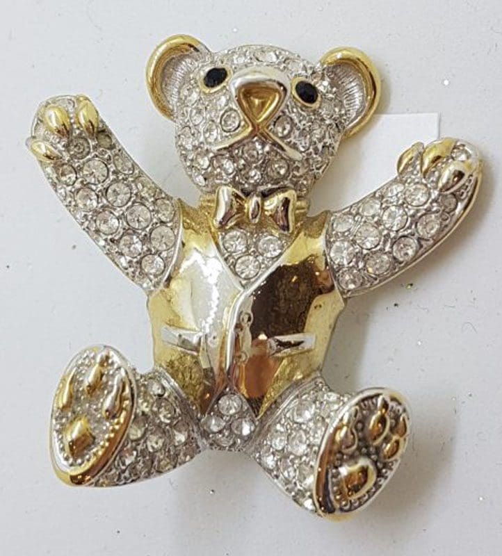 Large Plated Rhinestones Teddy Bear Wearing Vest Brooch – Vintage Costume Jewellery