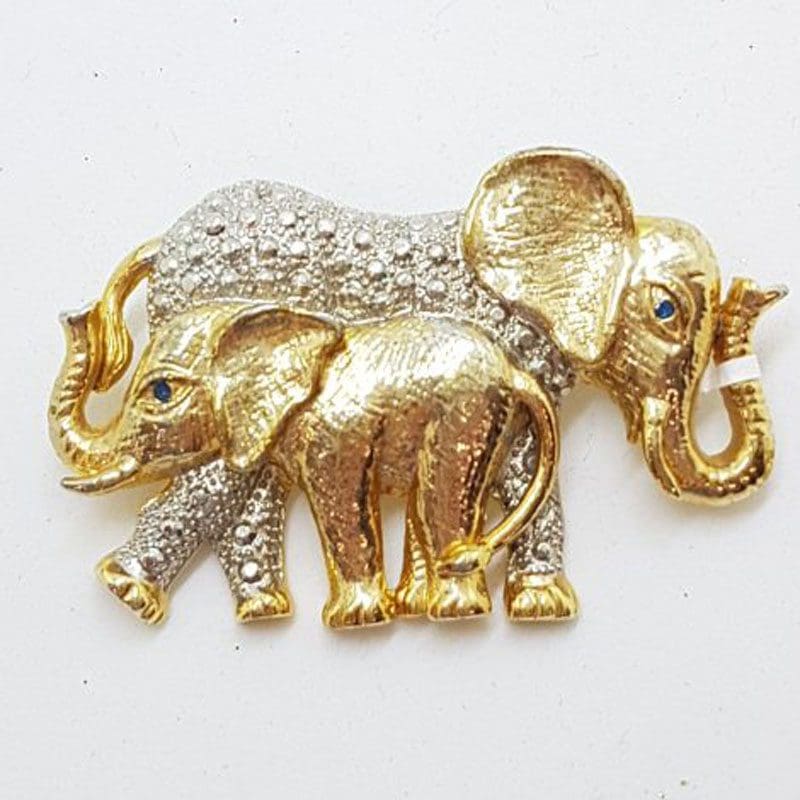 Large Plated with Rhinestones 2 Elephants (Mother and Child) Brooch - Vintage Costume Jewellery