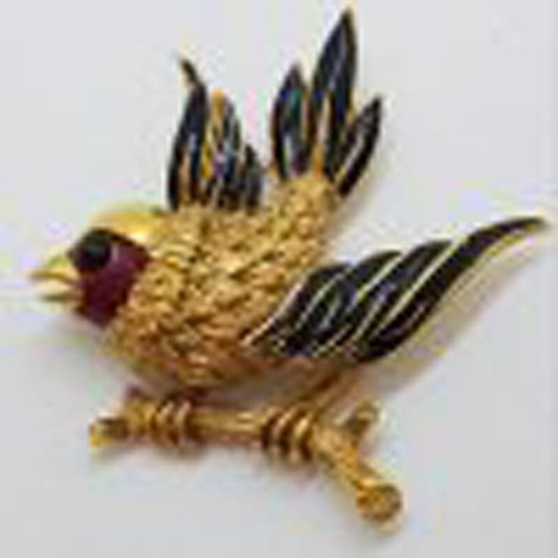 Large Plated with Enamel Bird on Branch Brooch - Vintage Costume Jewellery