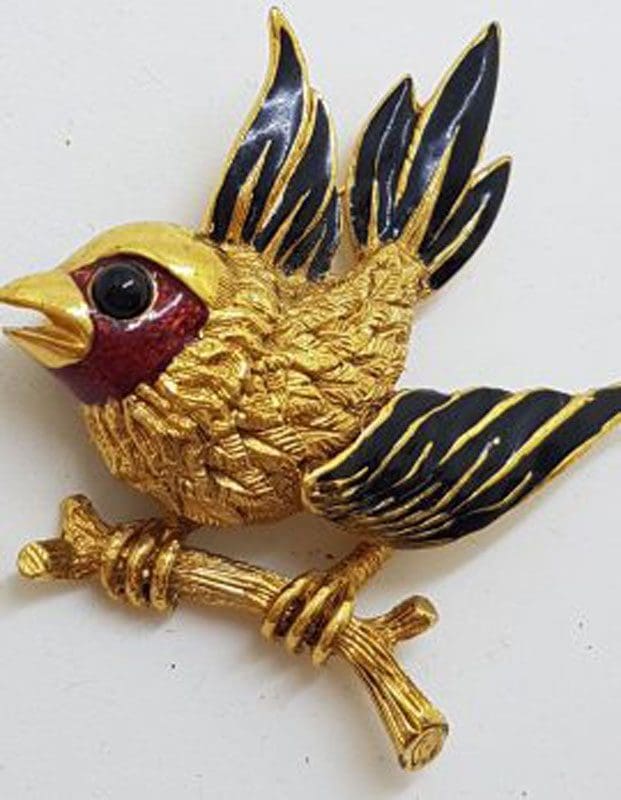 Large Plated with Enamel Bird on Branch Brooch - Vintage Costume Jewellery