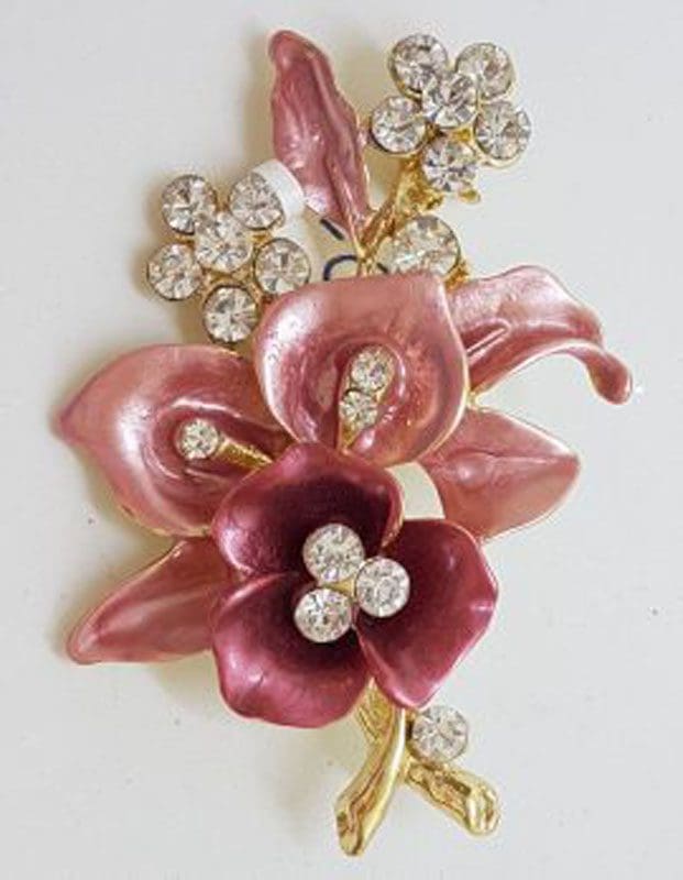 Plated Pink and Red with Rhinestone Rose Costume Jewellery Brooch