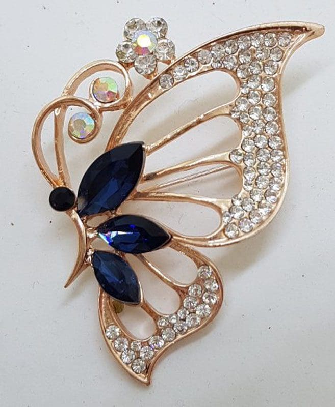Plated Blue with Rhinestone Large Butterfly Costume Jewellery Brooch